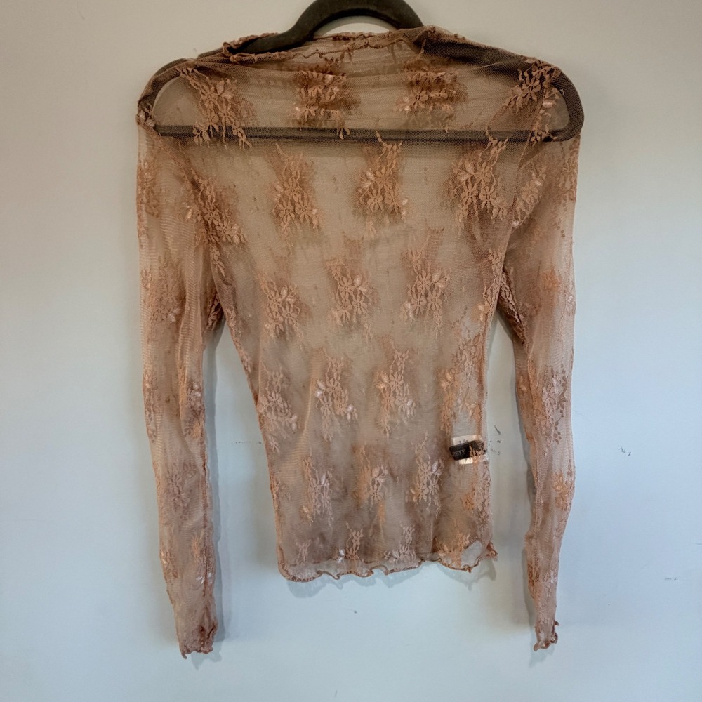 MEROETY Lace Mesh Long Sleeve Top Women S Tan Sheer Stretch Fairy Cottagecore